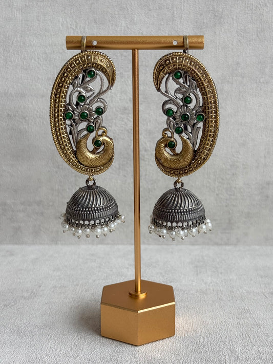 Ayura Designs Fasana Earrings – Dual Tone Oxidised Peacock Ear Climbers with Emerald Green Stones & Pearl Drops
