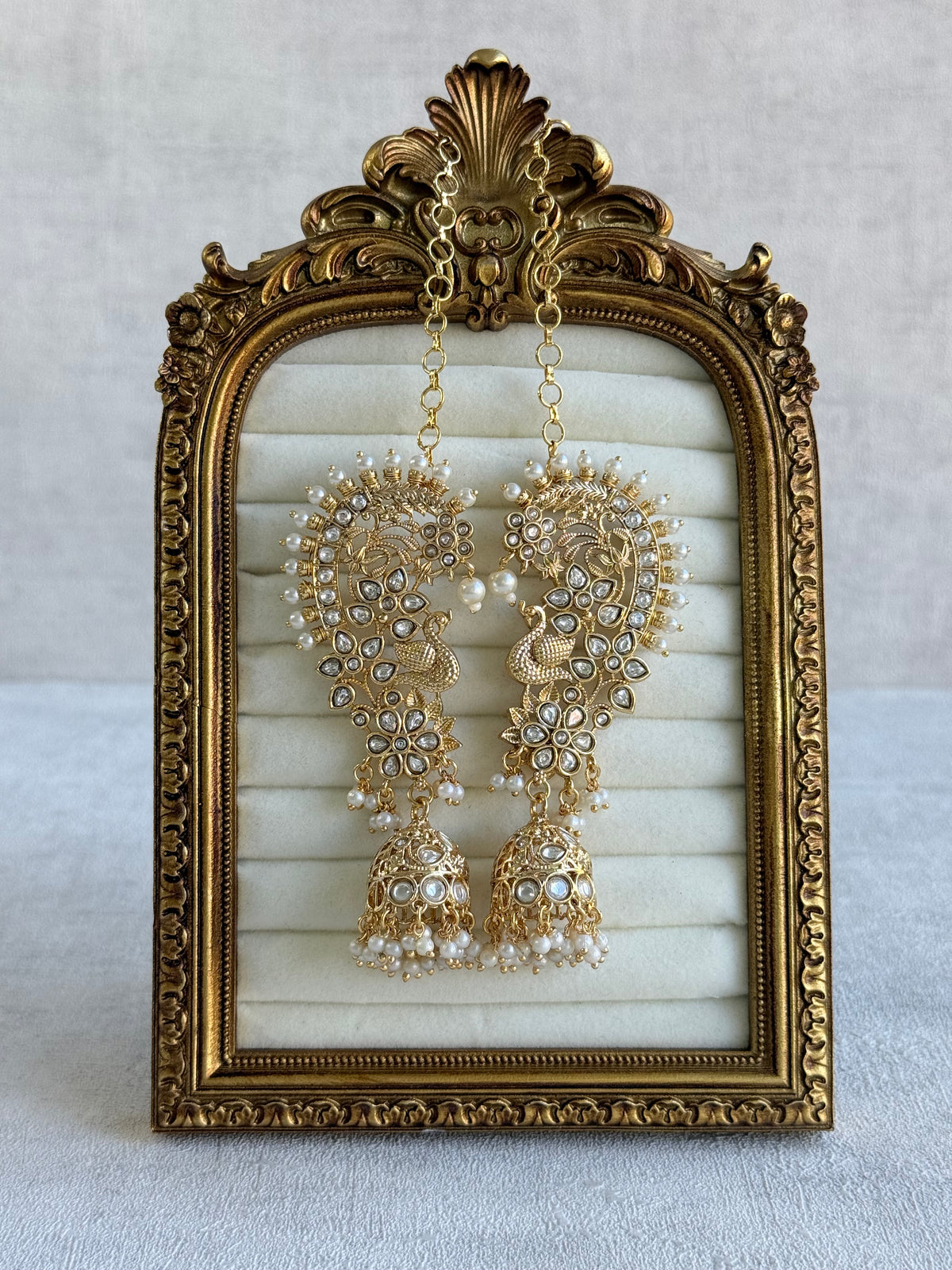 Ayura Designs Nitya Kaanphool Jhumkis – Gold Half Ear Cuff Earrings, Peacock Motifs, Kundan, Ivory Pearl Drops & Sahare