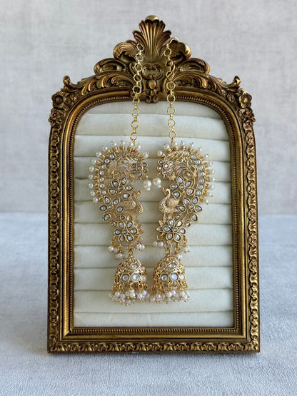 Ayura Designs Nitya Kaanphool Jhumkis – Gold Half Ear Cuff Earrings, Peacock Motifs, Kundan, Ivory Pearl Drops & Sahare