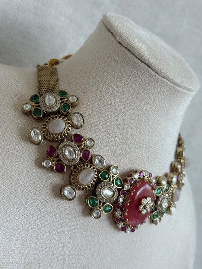 Ayura Designs Nova Necklace Set with Stud Earrings – Rose Pink Centre Stone, Kundan Detailing & Multicolour Gemstone Accents