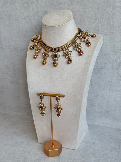 Ayura Designs Daksha Necklace Set with Earrings – Gold Layered Chain Necklace with Ruby Pink & Emerald Green Kundan Floral Motifs