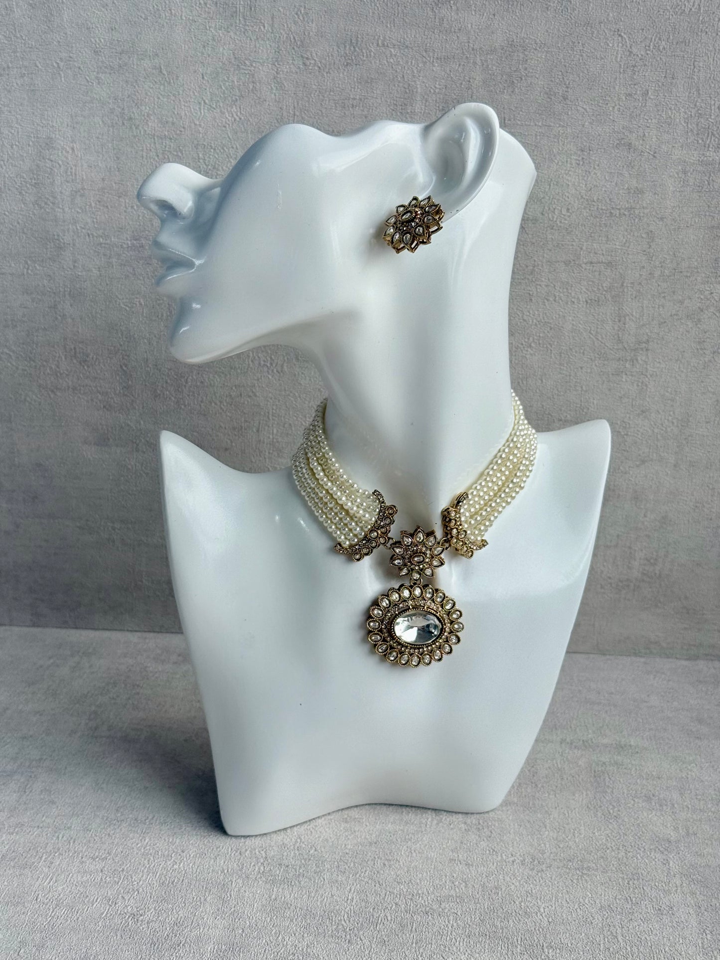 Ayura Designs Amaya Necklace Set with Studs – Antique Finish in Crystal Stones with Pearl Strands