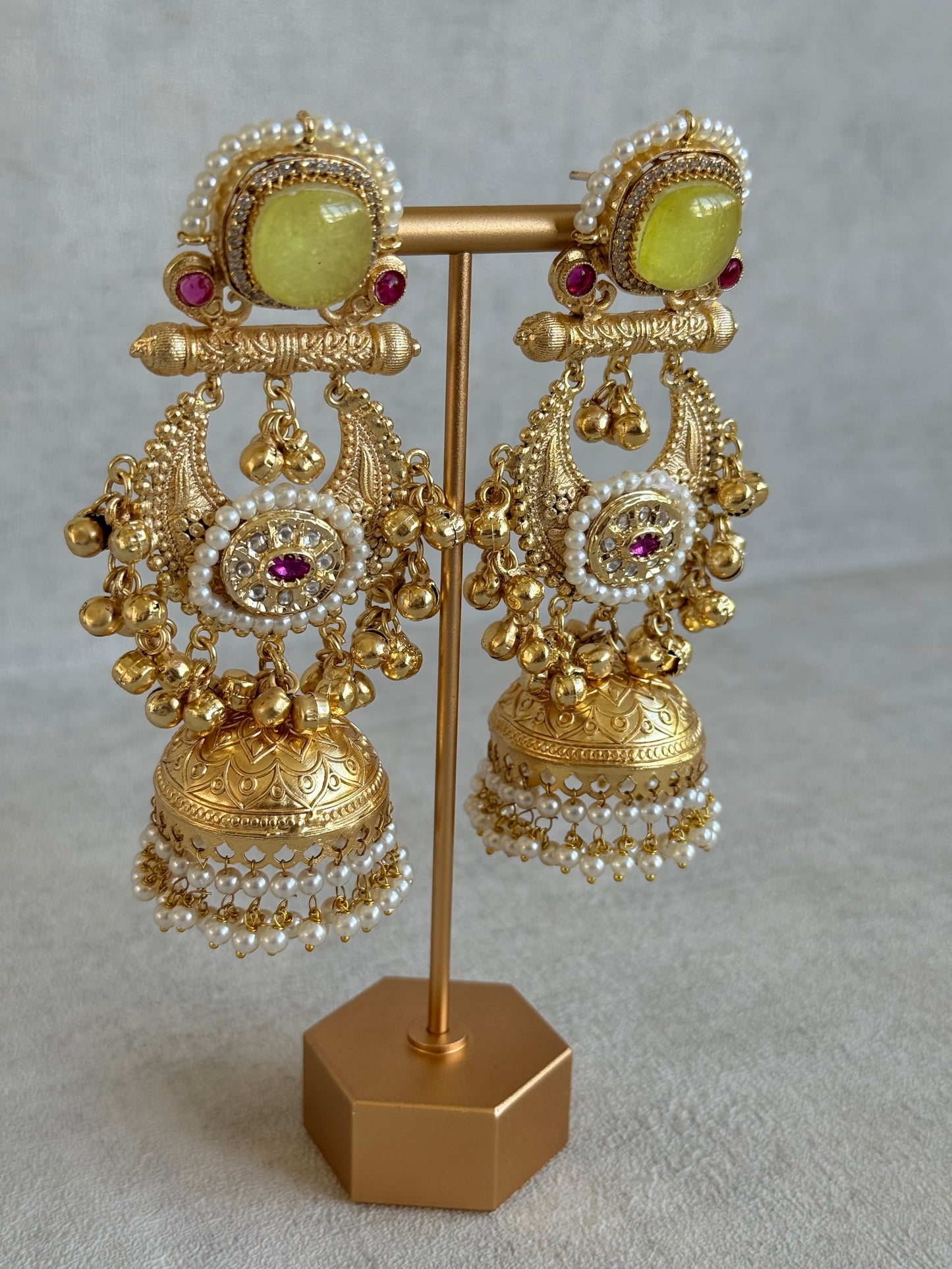 Ayura Designs Mahwish Jhumkis – Lime Yellow Stones, Pearls & Ghungroo Detailing