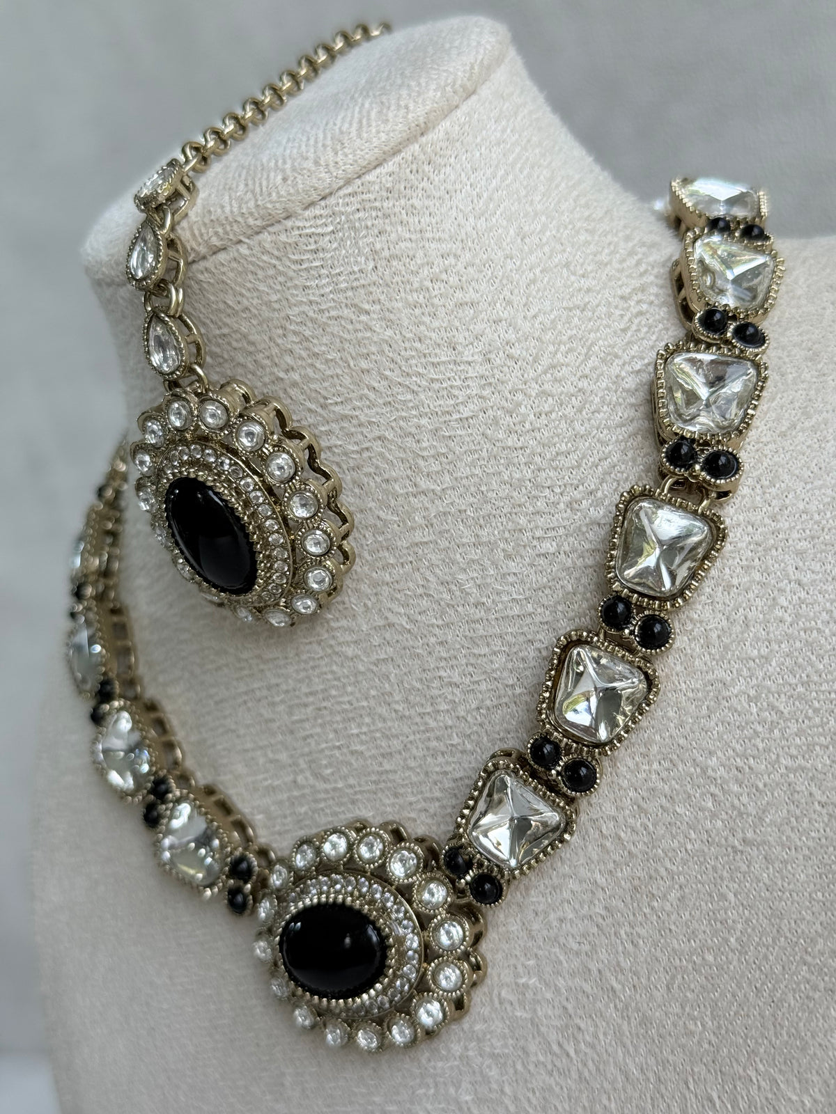 Ayura Designs Inza Necklace Set – Black Stones, Kundan & Crystals with Antique Gold Finish