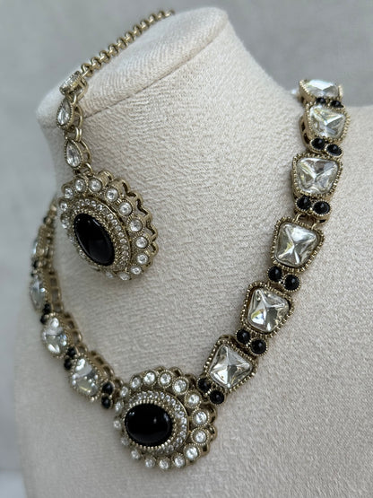 Ayura Designs Inza Necklace Set – Black Stones, Kundan & Crystals with Antique Gold Finish