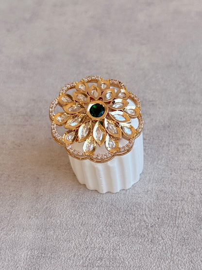 Ayura Designs Elisa Adjustable Ring – Moissanite Floral Ring with Emerald Green Centre & Crystal Border