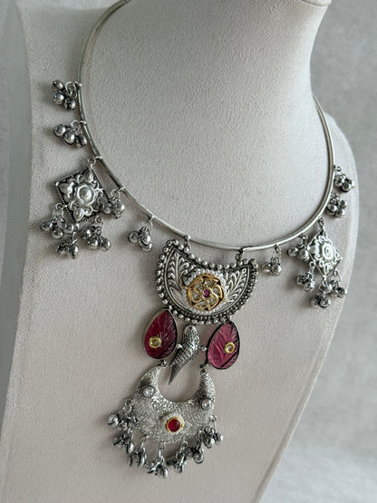 Ayura Designs Jiyana Collar Necklace Set – Rose Pink Carved Teardrop Stones & Oxidised Silver Finish