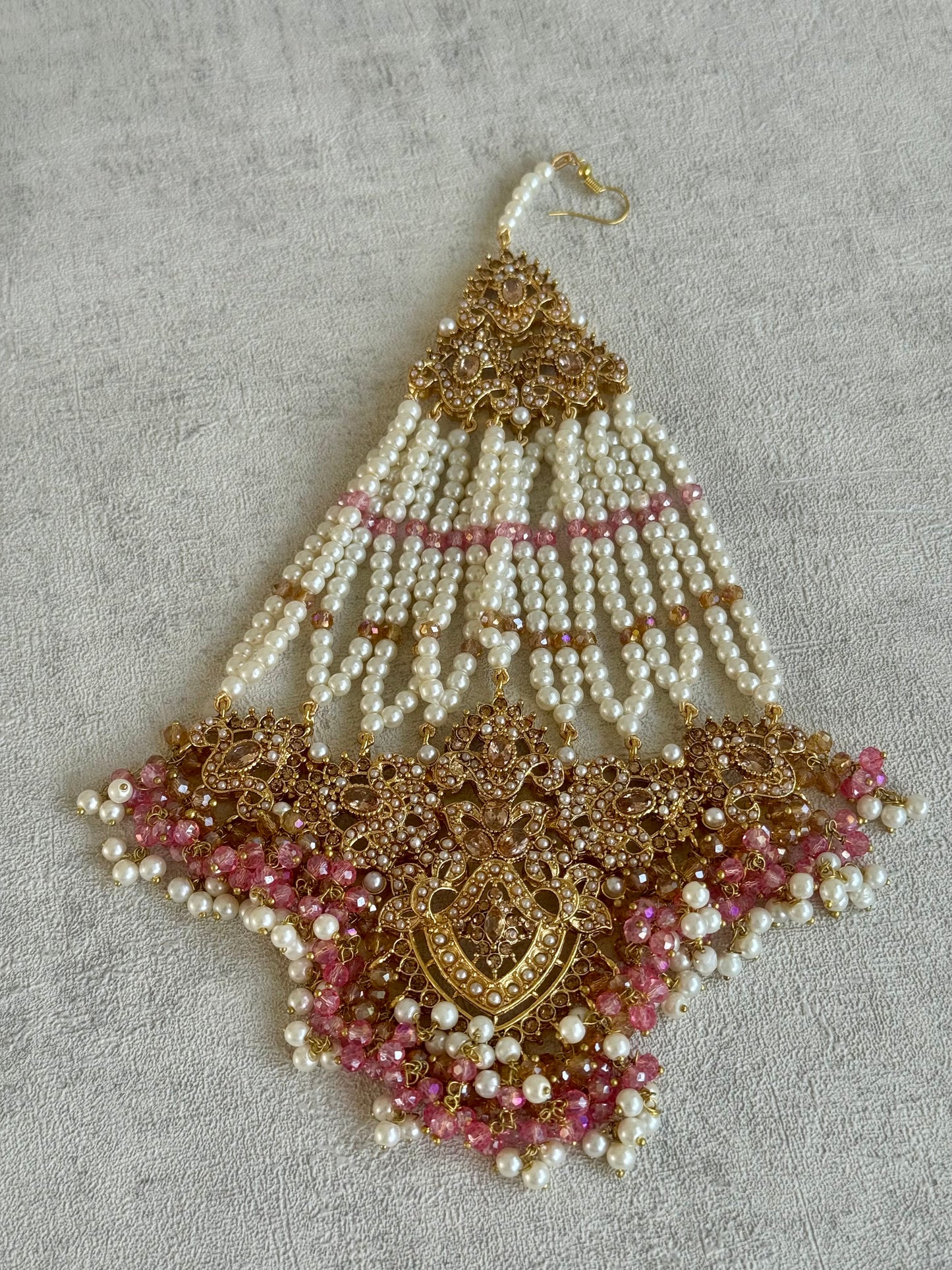 Ayura Designs Faryal Bridal Set with Necklace, Earrings, Tikka & Jhoomar – Antique Gold, Pearl & Blush Pink Detailing