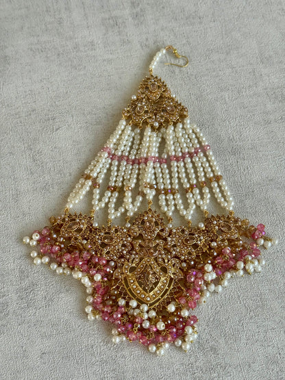 Ayura Designs Faryal Bridal Set with Necklace, Earrings, Tikka & Jhoomar – Antique Gold, Pearl & Blush Pink Detailing