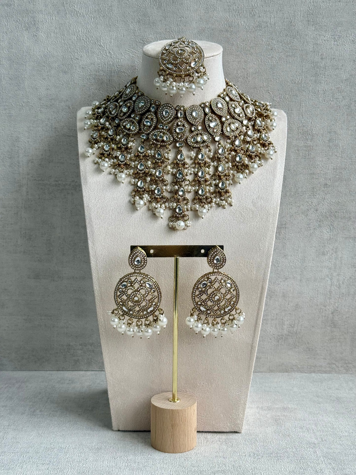 Ayura Designs Tanya Bridal Set with Necklace, Earrings & Tikka – Ivory Pearls, Mirror-Cut Stones & Antique Gold Finish