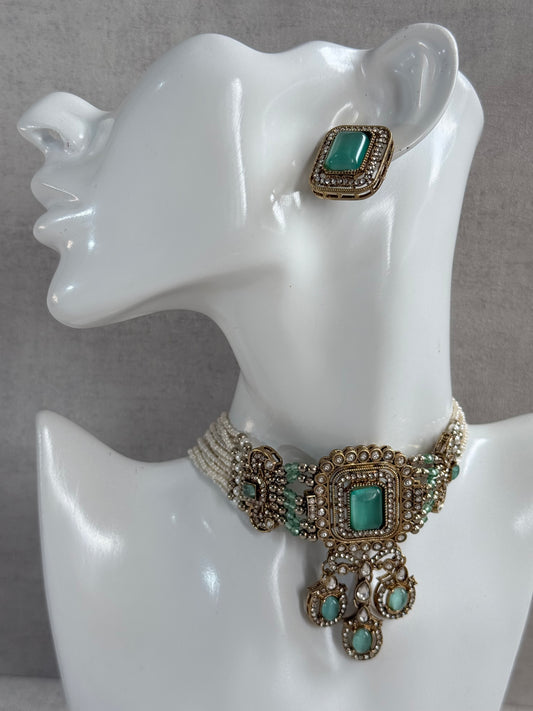 Ayura Designs Nabiha Choker Set with Studs – Aqua Green Stones, Pearl Detailing & Antique Gold Finish