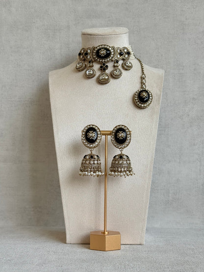 Ayura Designs Myra Choker Set with Earrings & Tikka – Black Kundan & Pearl Detailing
