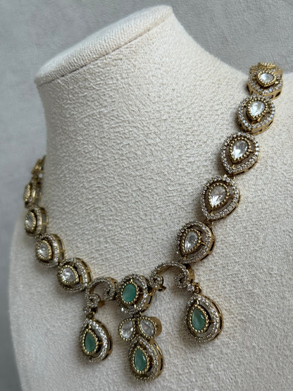 Ayura Designs Bianca Necklace Set with Earrings – Mint Green & White Kundan, Crystals & Gold Finish