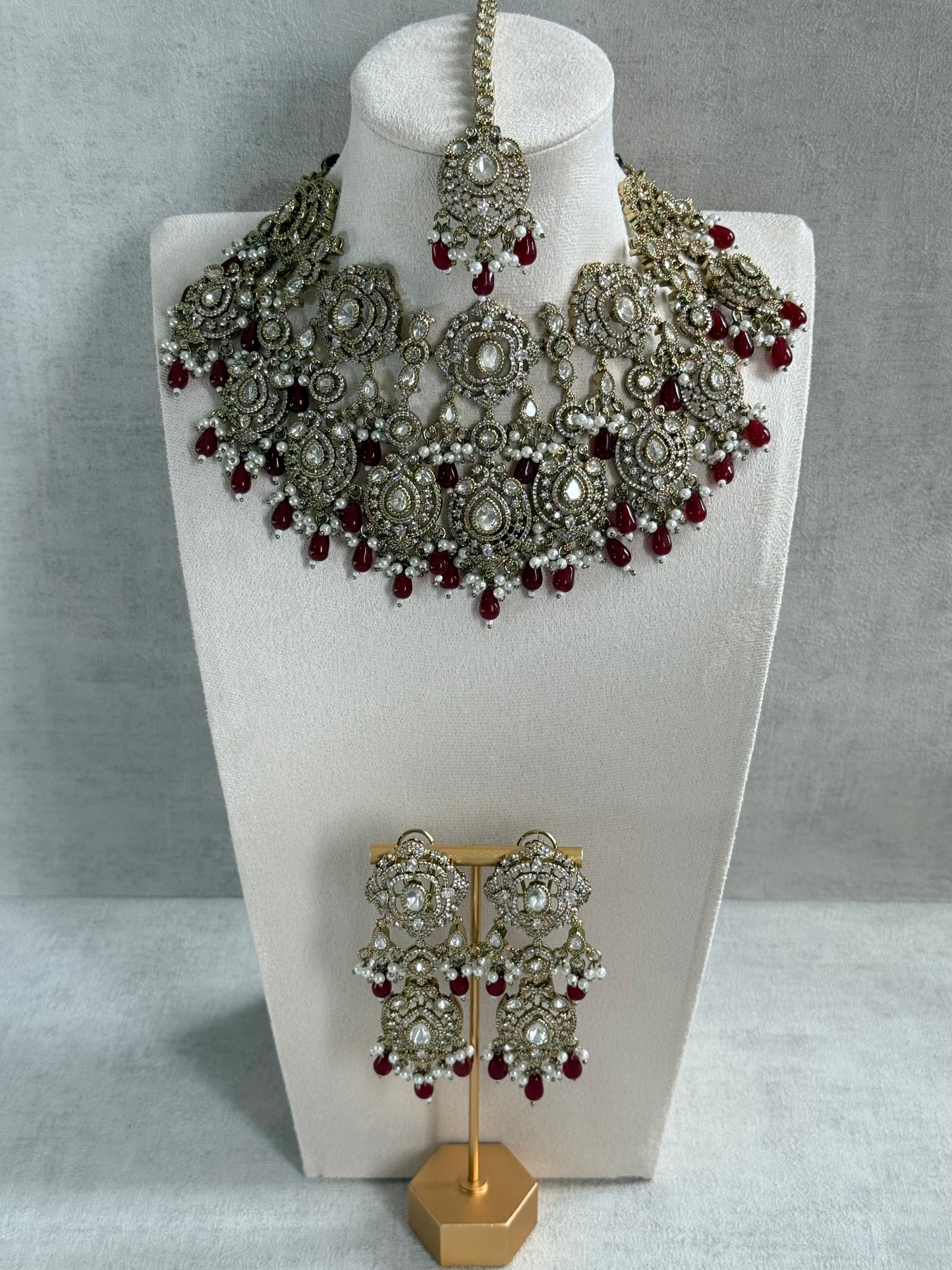Ayura Designs Fazal Set with Necklace, Earrings & Tikka – Ruby Red Drops, Pearl Detailing & Moissanite Stonework