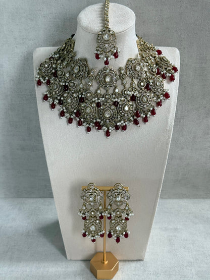 Ayura Designs Fazal Set with Necklace, Earrings & Tikka – Ruby Red Drops, Pearl Detailing & Moissanite Stonework