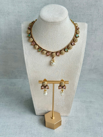 Ayura Designs Mayura Necklace Set with Earrings – Antique Gold Meenakari Motifs with Pearl Drop & Blush Pink and Mint Green Stones
