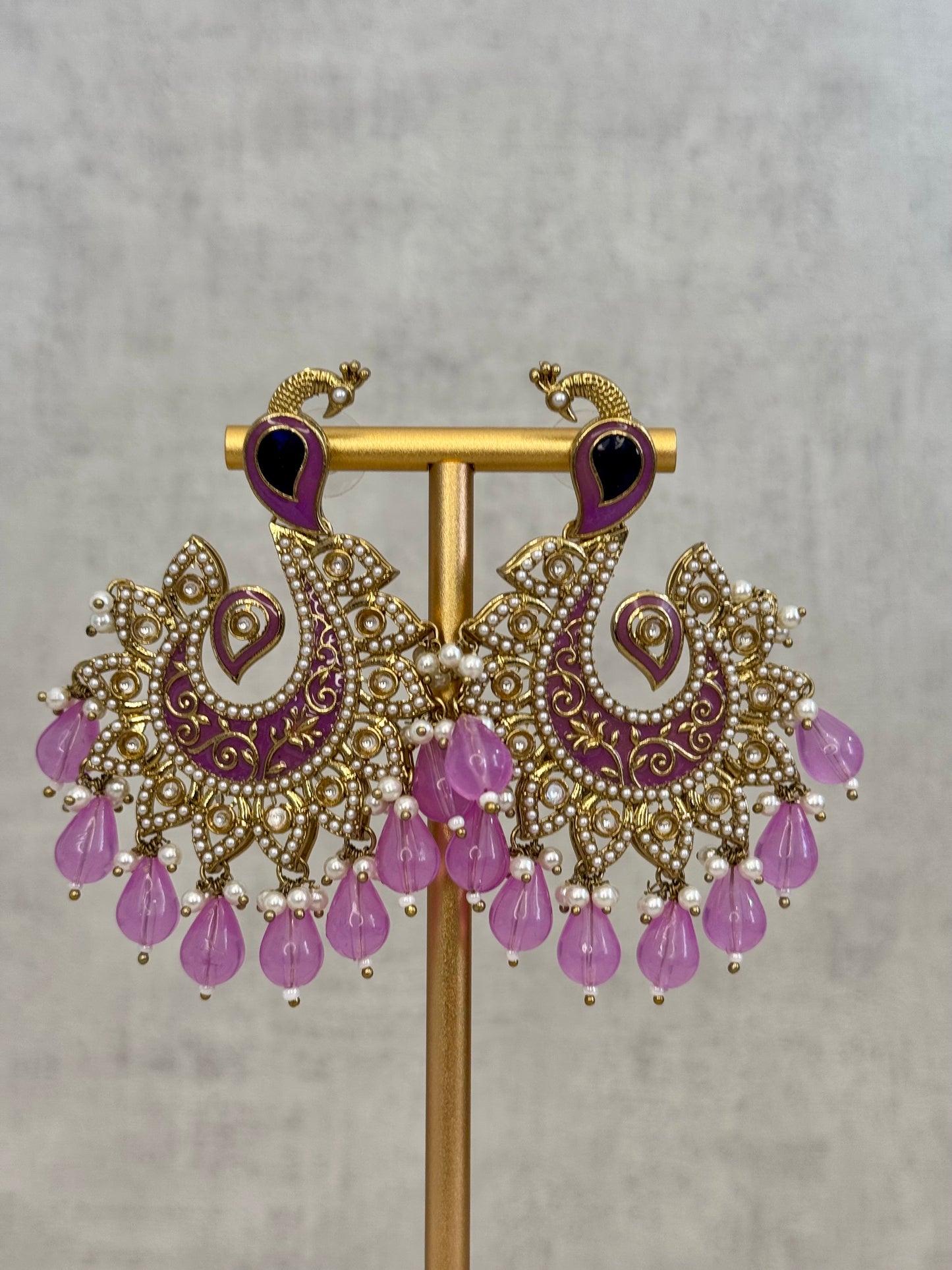 Ayura Designs Moorni Earrings – Peacock-Inspired Chandbalis with Lavender Meenakari, Kundan, and Pearl Accents