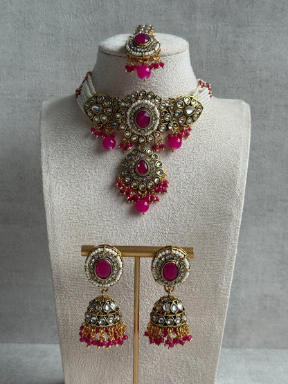 Ayura Designs Muskaan Set – Choker, Jhumkis & Tikka with Hot Pink Beads, Kundan Stones & Antique Gold Finish