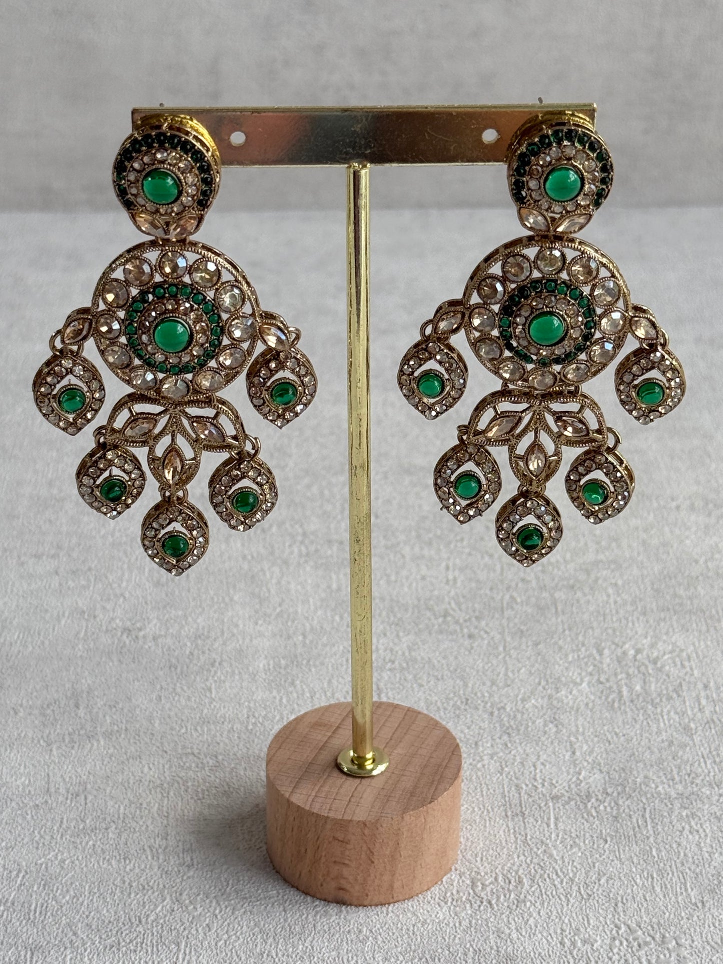 Ayura Designs Vanika Earrings – Emerald Green & Champagne Crystal Gold Finish