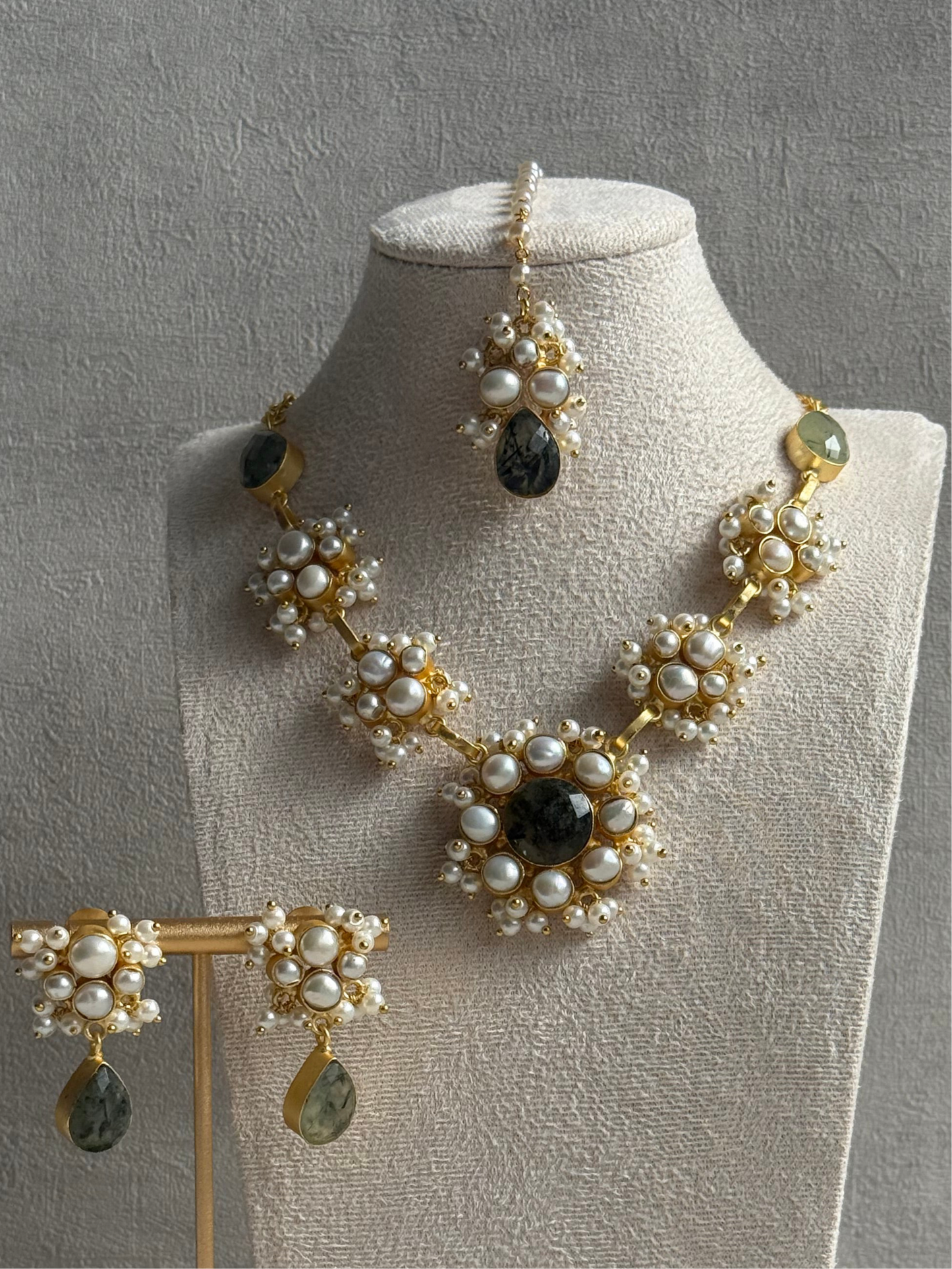 Ayura Designs Mireya Set with Earrings & Tikka – Pearls, Prehnite Drops & Antique Gold Finish