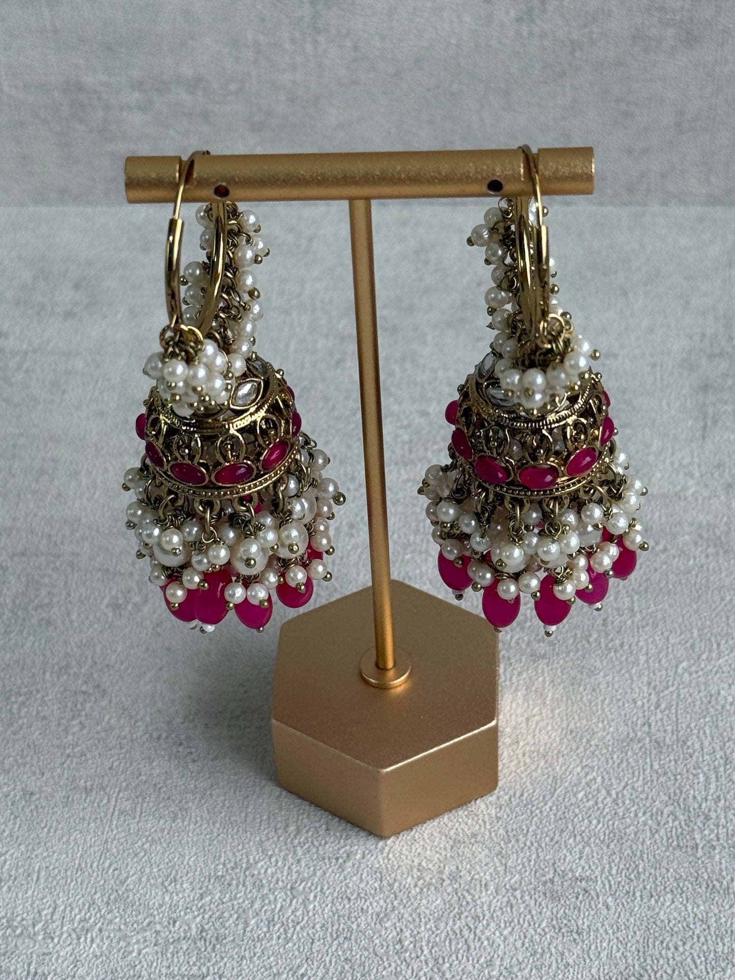 Ayura Designs Jugni Jhumkis – Antique Gold Balis with Fuchsia Beads & Pearl Clusters