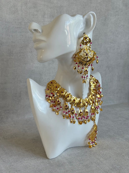 Ayura Designs Baisakhi Set with Earrings & Tikka – Gold Pipal Patti Design with Ruby Pink Beads & Pearl Detailing