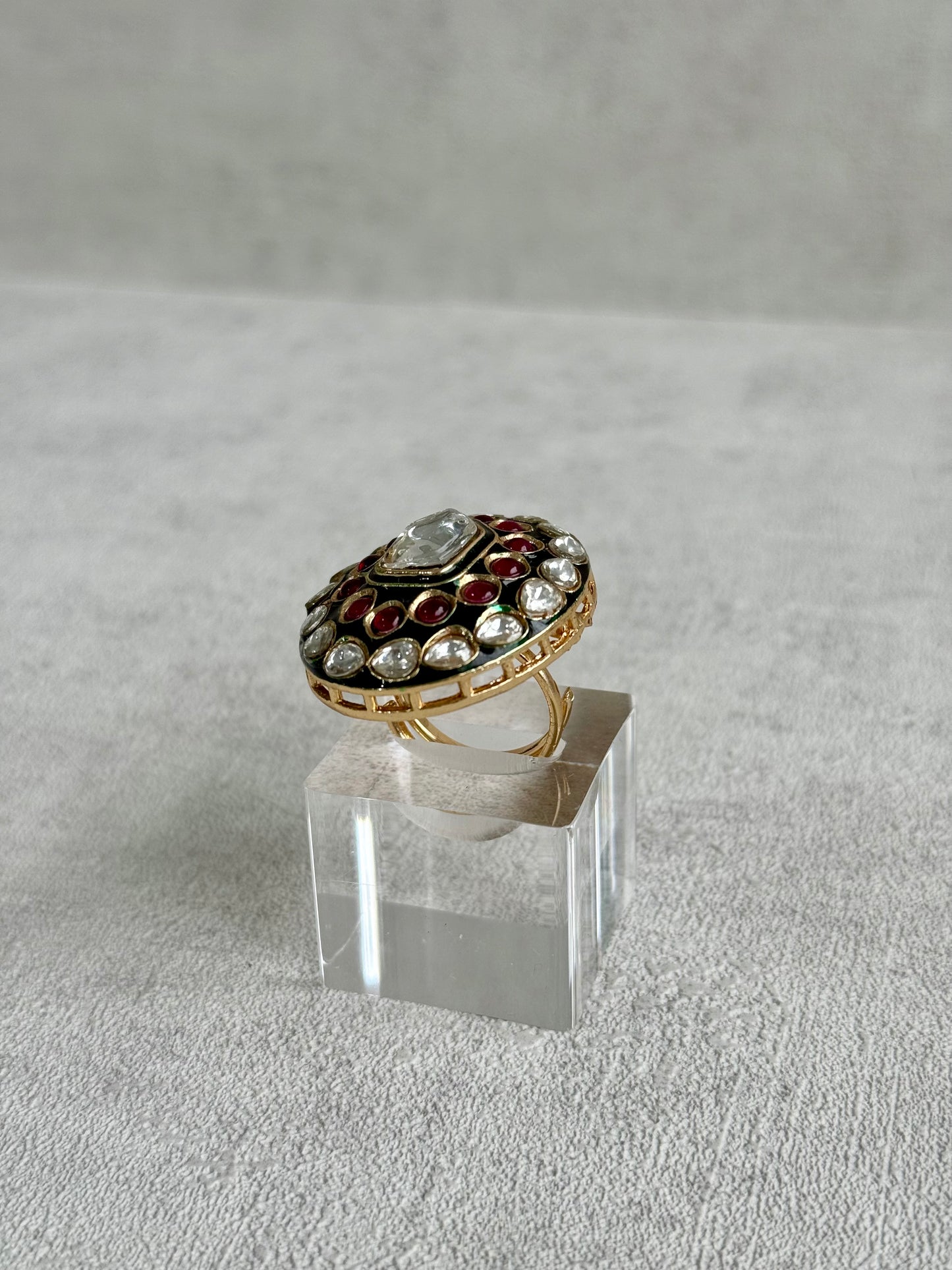 Ayura Designs Lara Adjustable Ring – Mirror-Cut Statement Ring with Ruby Pink Stones & Green Enamel Detailing