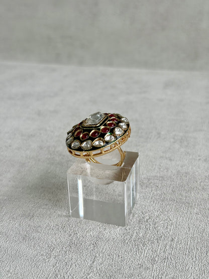 Ayura Designs Lara Adjustable Ring – Mirror-Cut Statement Ring with Ruby Pink Stones & Green Enamel Detailing