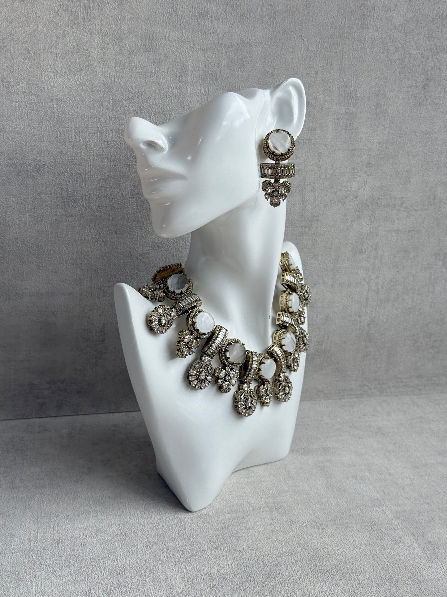 Ayura Designs Aabira Necklace Set with Earrings – White Marble Stones with Moissanite Style Detailing