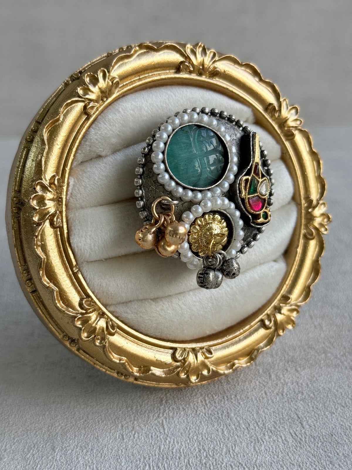 Ayura Designs Mihika Adjustable Ring – Oxidised Statement Ring with Green Stone, Pearl Detailing & Parrot Motif