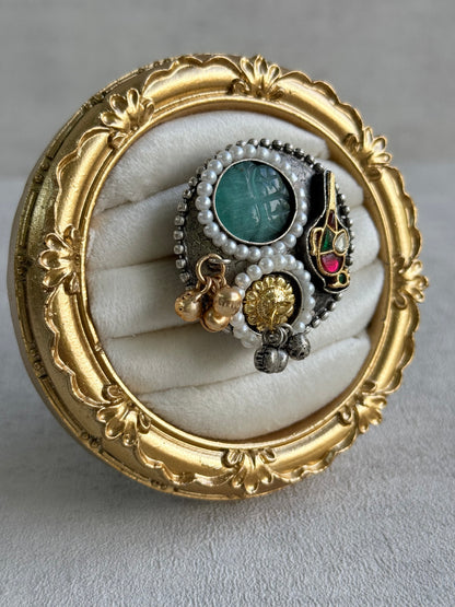 Ayura Designs Mihika Adjustable Ring – Oxidised Statement Ring with Green Stone, Pearl Detailing & Parrot Motif