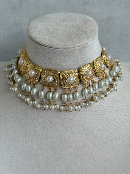 Ayura Designs Chetna Choker Set with Earrings & Tikka – Ivory Pearl Beads & Pearl Drops with Pipal Patti Detailing