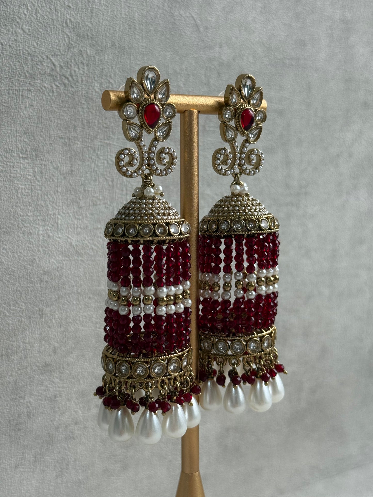 Ayura Designs Sage Earrings – Statement Jhumkis with Mirror-Cut Stones, Pearl Drops & Ruby Red Beads