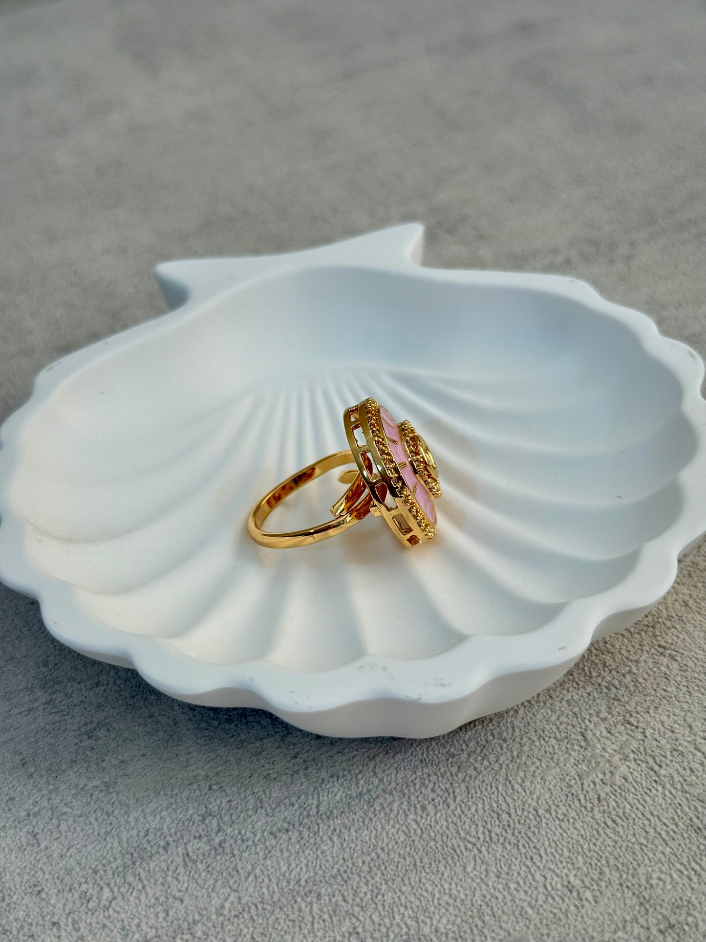 Ayura Designs Maisie Adjustable Ring – Blush Pink Enamel with Crystal Border & Moissanite Centre