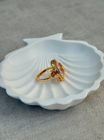 Ayura Designs Maisie Adjustable Ring – Blush Pink Enamel with Crystal Border & Moissanite Centre