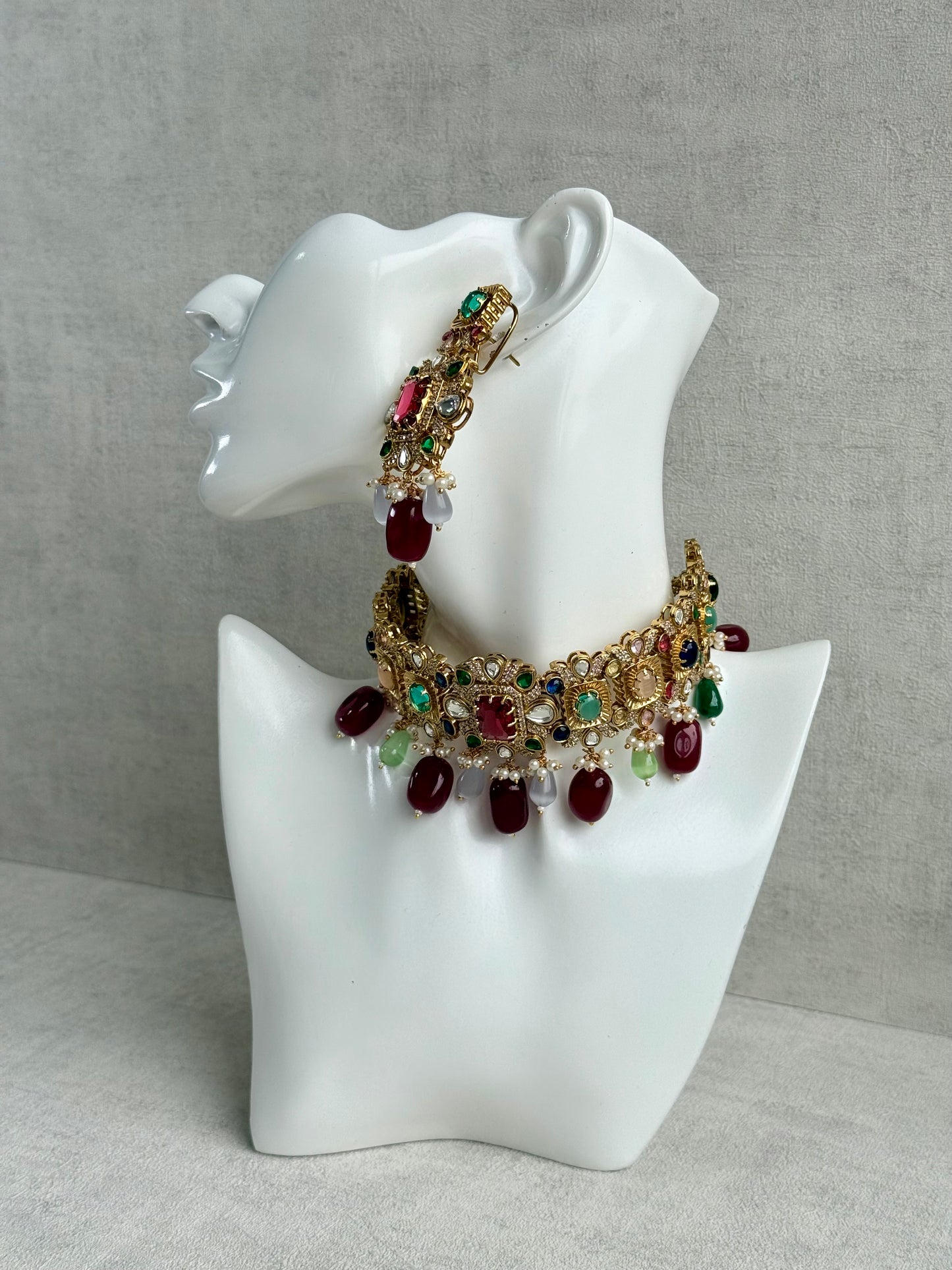 Ayura Designs Hazel Choker Set with Earrings – Multicolour Crystals & Ruby Drop Beads