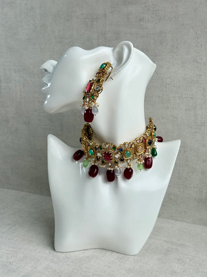 Ayura Designs Hazel Choker Set with Earrings – Multicolour Crystals & Ruby Drop Beads