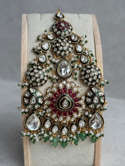 Ayura Designs Zoha Jhoomar Passa – Polki Kundan with Ruby Pink Floral Centre, Emerald Green Drops & Pearl Detailing