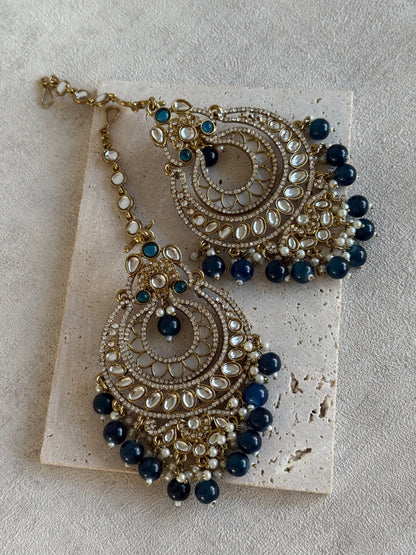 Ayura Designs Rabia Chandbalis – Antique Gold Kundan Earrings with Midnight Blue Beads, Pearls & Attached Sahare