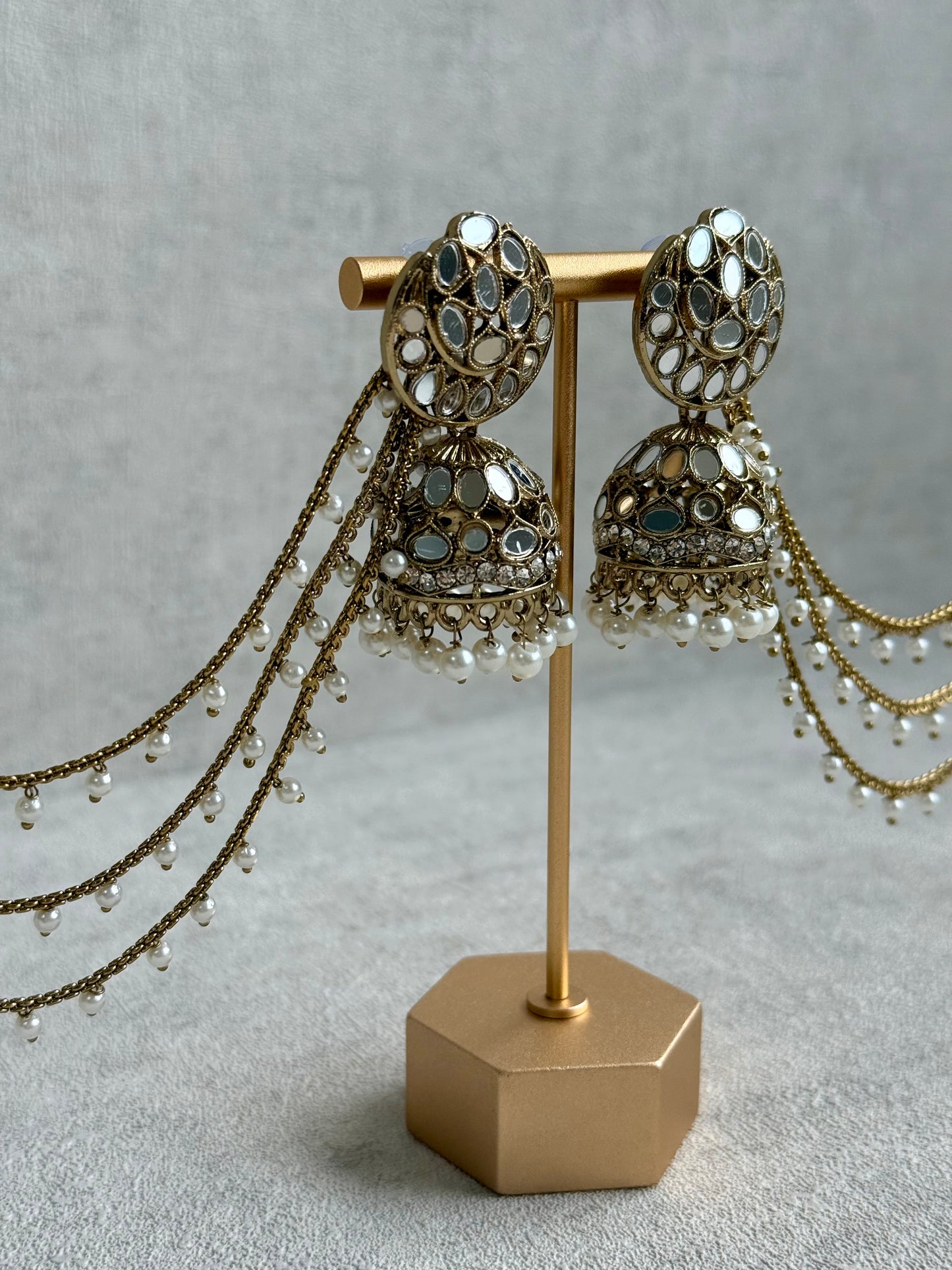 Ayura Designs Aaina Jhumkis – Antique Gold Mirror-Cut Dome Earrings with Detachable Pearl Sahare