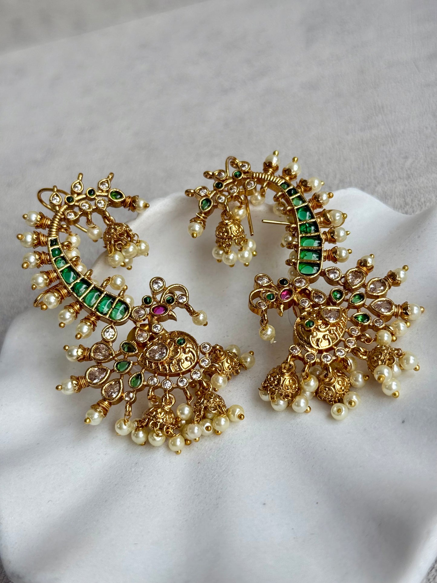 Ayura Designs Megha Half Ear Cuffs – Gold Peacock Motif with Crystal Stones, Emerald & Pink Accents and Pearl Jhumka Drops
