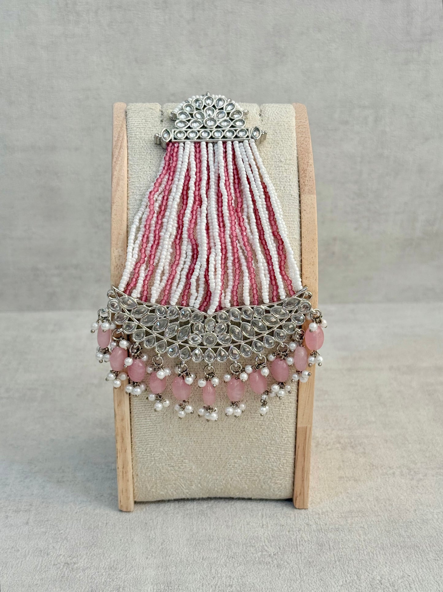 Ayura Designs Ash Jhoomar Passa – Blush Pink Beads with Mirror Cut Stones & Silver Finish