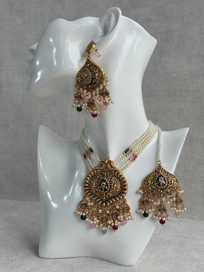 Ayura Designs Afia Necklace Set with Earrings & Tikka – Antique Gold, Multicolour Beads, Green Centre Stone & Peacock Motifs