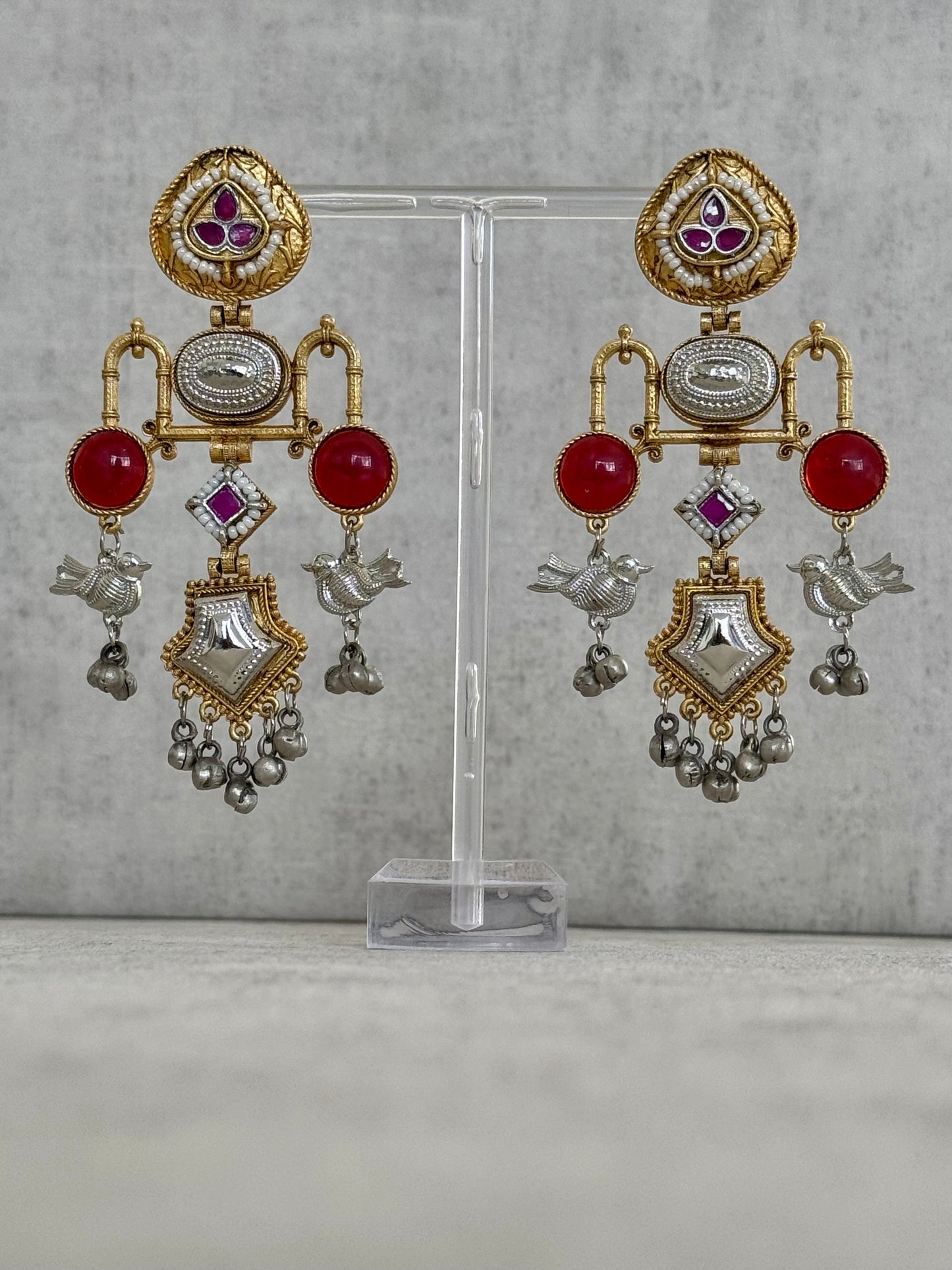 Ayura Designs Amzie Earrings - Exquisitely Handcrafted in Brass with Silver Accents, Ruby Embellishments, and Delicate Bird Motif Charms