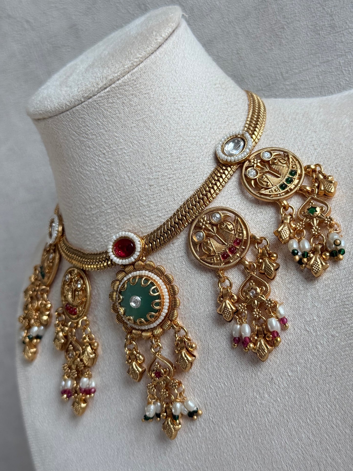 Ayura Designs Parchhai Necklace Set with Earrings – Mint Green, Ruby Red & Emerald Green Stones, Bird Motifs & Pearl Detailing