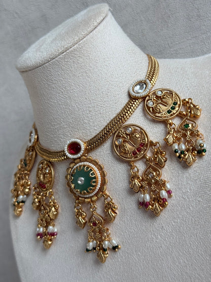 Ayura Designs Parchhai Necklace Set with Earrings – Mint Green, Ruby Red & Emerald Green Stones, Bird Motifs & Pearl Detailing