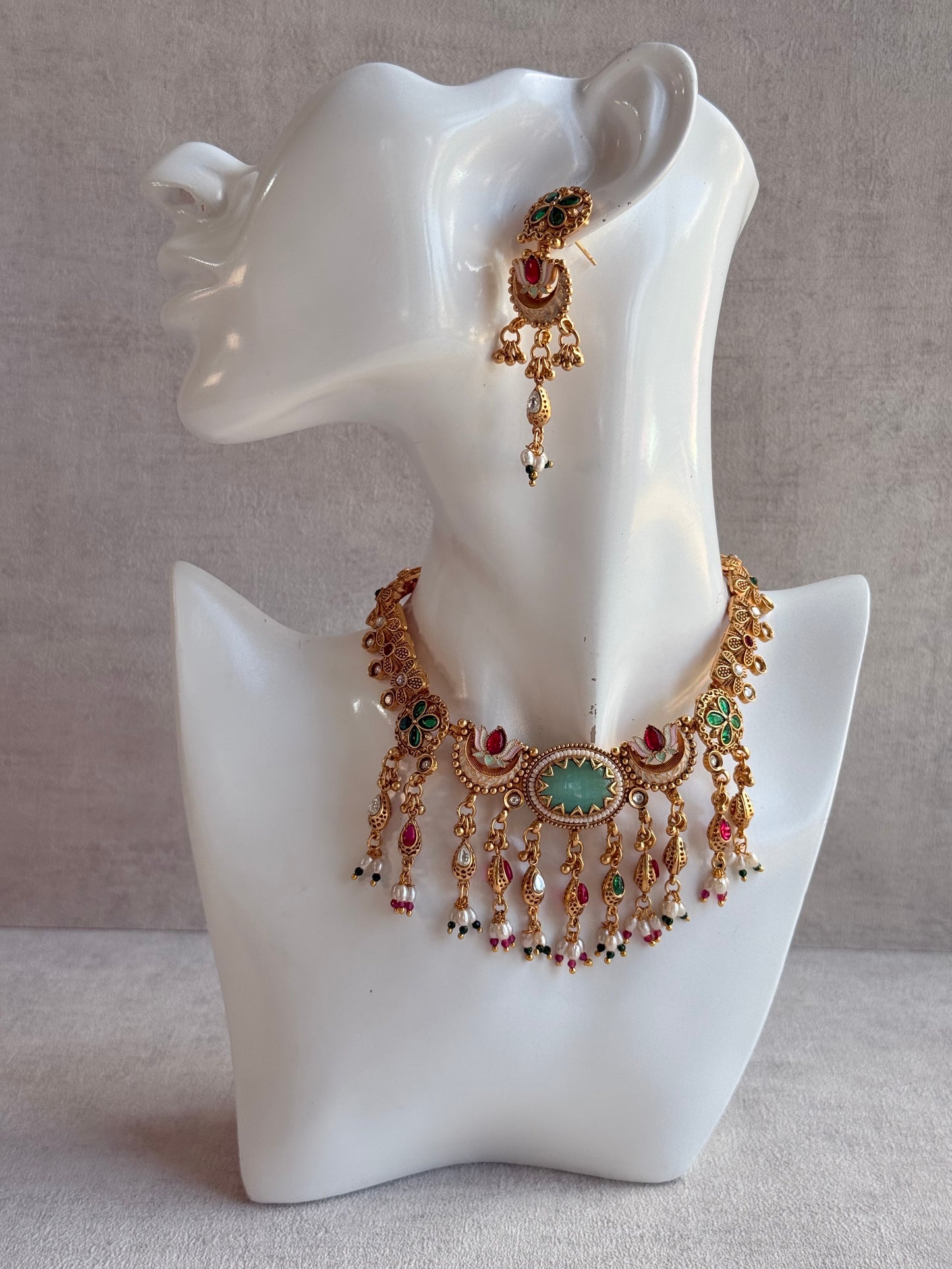 Ayura Designs Aavya Necklace Set – Aqua Green & Rani Pink Kundan Meenakari Design