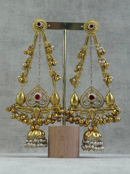 Ayura Designs Teja Earrings – Antique Gold Jhumkis with Ruby Stone & Pearl Detailing