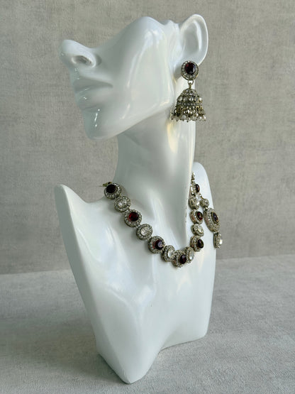 Ayura Designs Eira Necklace Set with Earrings & Tikka – Ruby Red & Crystal Stones with Antique Gold Finish