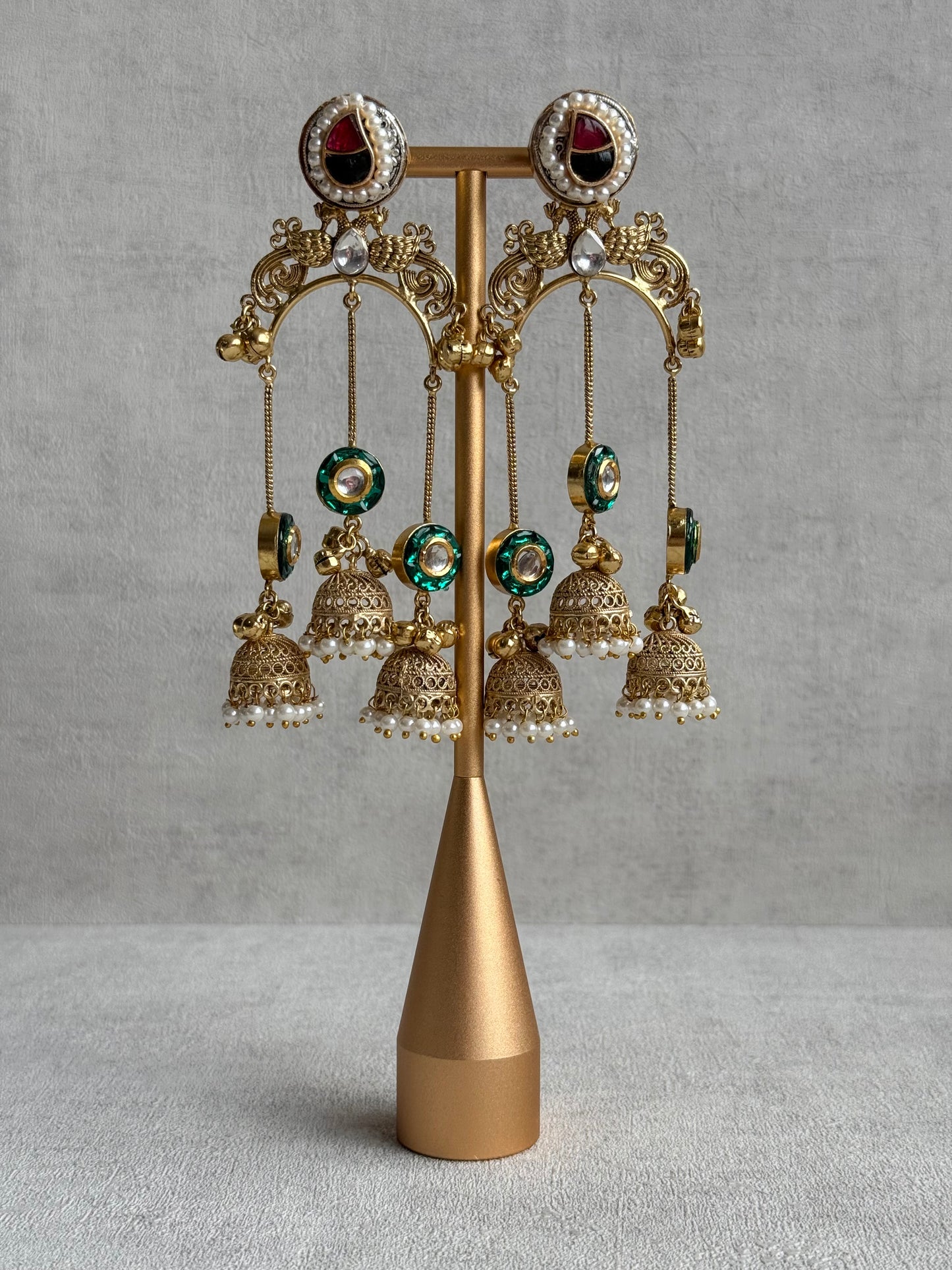 Ayura Designs Arzina Earrings – Triple Jhumki Earrings with Emerald Green Stones, Pearl Borders & Gold Detailing